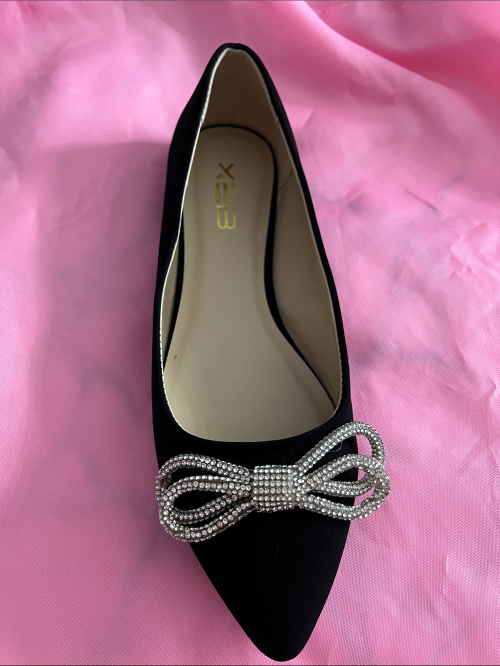 X2 Black Pointed Flat with Rhinestone Bow